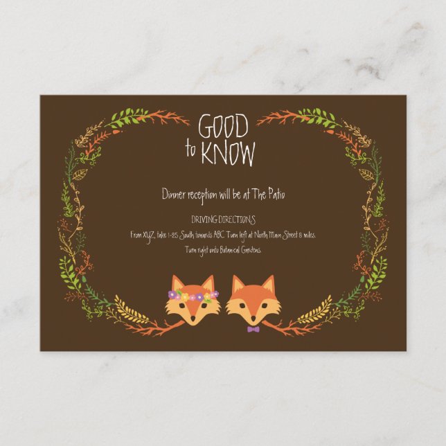 Whimsical Woodland Foxes Wedding Information Card (Front)