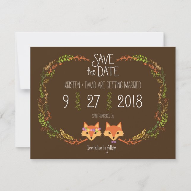 Whimsical Woodland Foxes wedding Save the Date (Front)