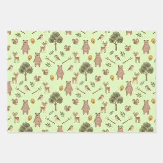 Whimsical Woodland Friends Watercolor Pattern Wrapping Paper Sheet