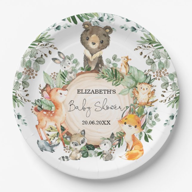 Whimsical Woodland Greenery Animals Baby Shower Paper Plate (Front)