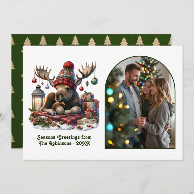 Whimsical Woodland Moose Rustic Nordic Christmas Holiday Card (Front/Back)
