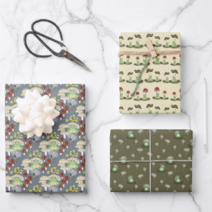 Whimsical Woodland Mushroom Frogs - "Hop Couture" Wrapping Paper Sheet