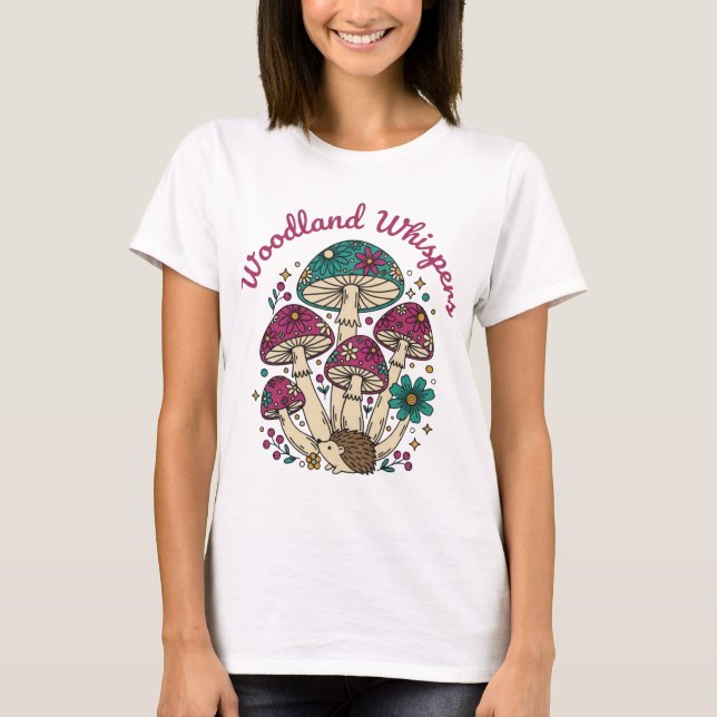 Whimsical Woodland Mushrooms and Hedgehog T-Shirt (Front)