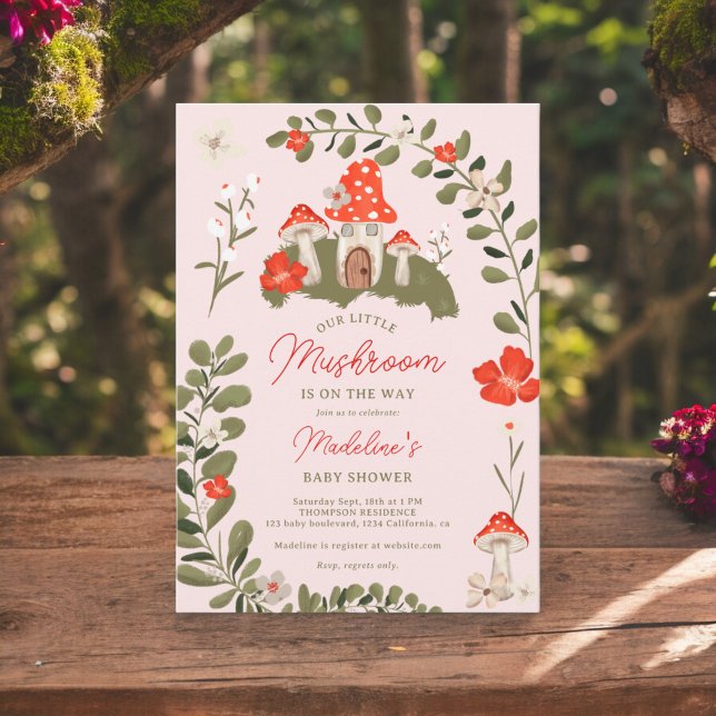 Whimsical woodland mushrooms floral baby shower invitation (Whimsical woodland mushrooms floral baby shower invitation on blush pink)