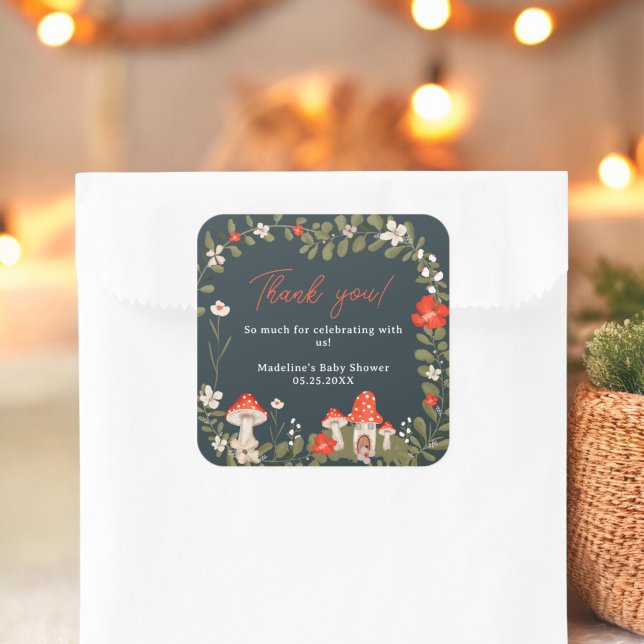 Whimsical woodland mushrooms floral baby shower square sticker (Whimsical woodland mushrooms floral baby shower square sticker)