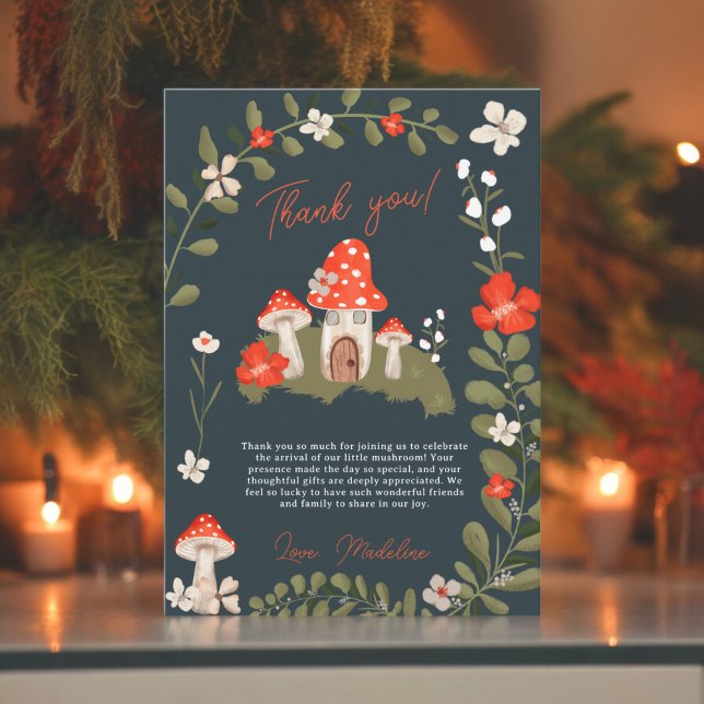 Whimsical woodland mushrooms floral baby shower thank you card (Whimsical woodland mushrooms floral baby shower thank you card)