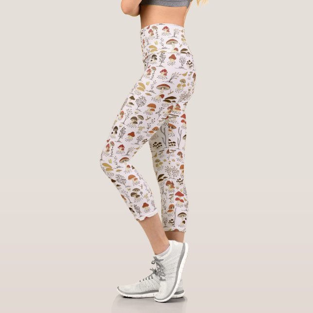 Whimsical Woodland Mushrooms Pattern Capri Leggings (Left)