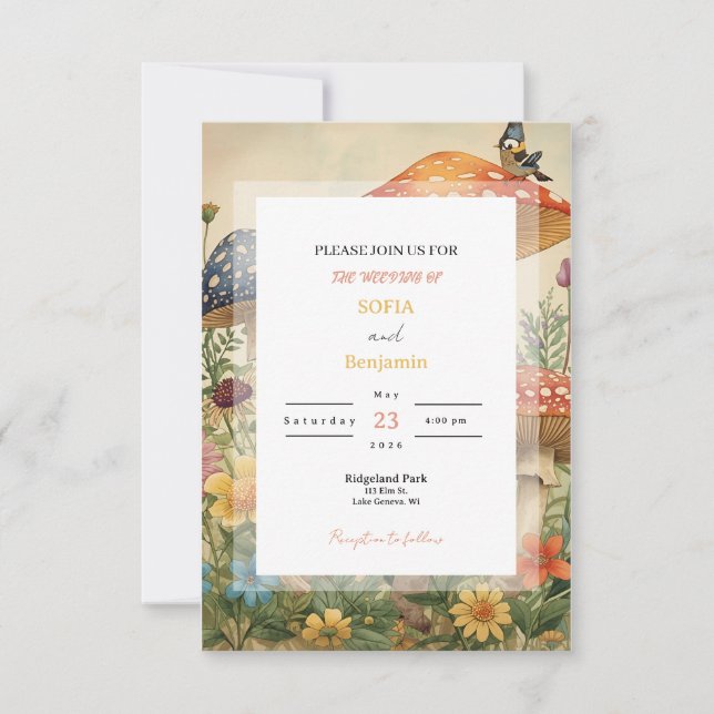 Whimsical Woodland Mushrooms & Wildflowers Wedding Invitation (Front)