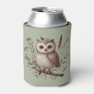 Whimsical Woodland Owl Botanical Illustration Can Cooler