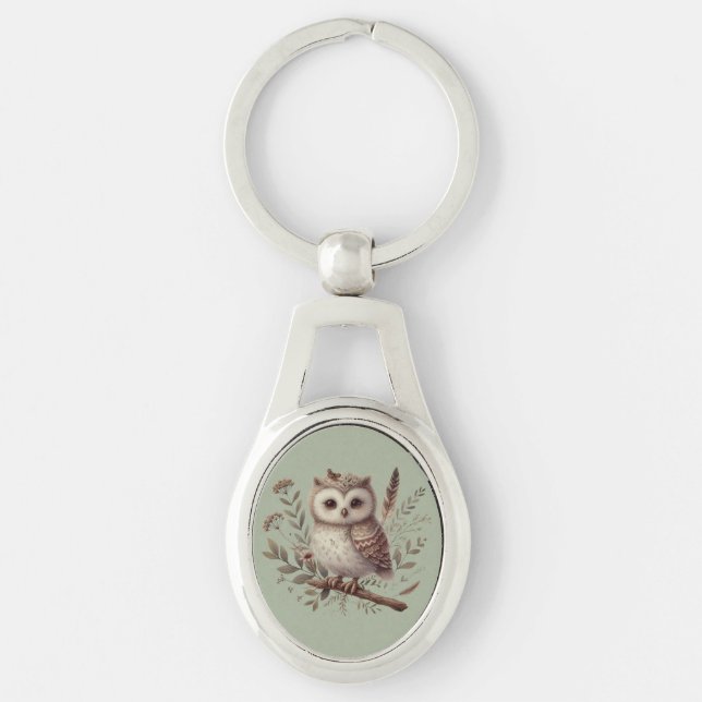 Whimsical Woodland Owl Botanical Illustration Key Ring (Front)