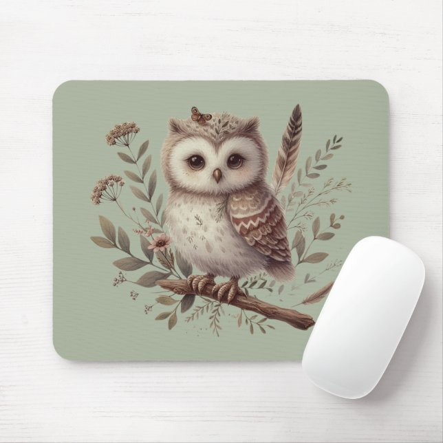 Whimsical Woodland Owl Botanical Illustration Mouse Pad (With Mouse)