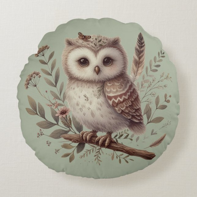 Whimsical Woodland Owl Botanical Illustration Round Cushion (Front)