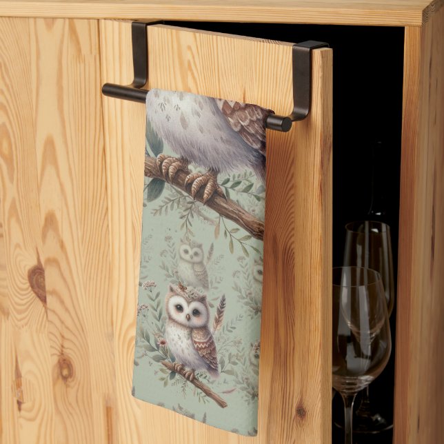 Whimsical Woodland Owl Botanical Illustration Tea Towel (Thirds Fold)