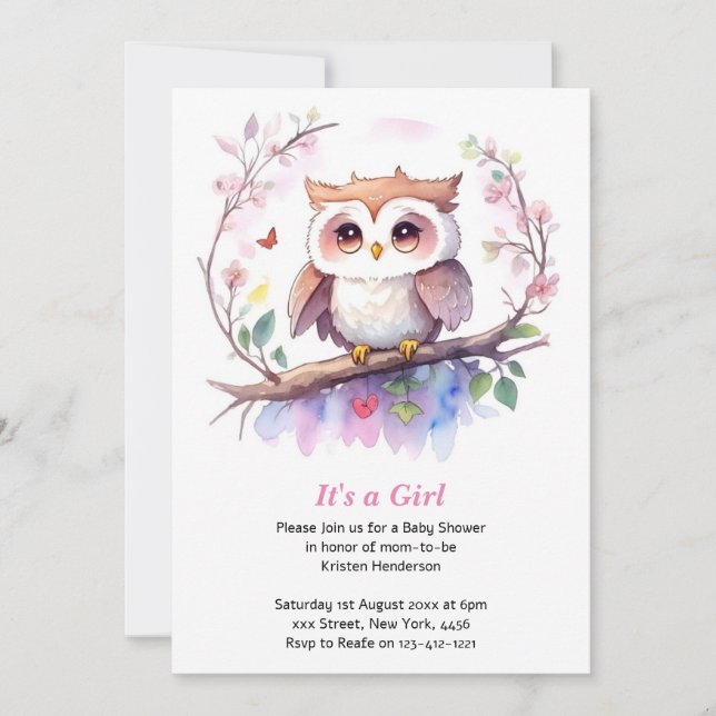 Whimsical Woodland Owl Girl Baby Shower Invitation (Front)