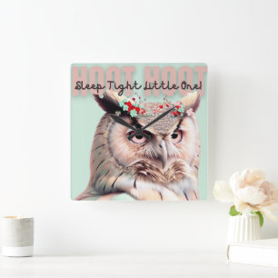 Whimsical Woodland Owl Sleep Tight  Nursery Square Wall Clock