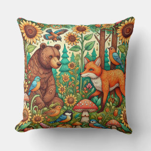 Whimsical Woodland Scene with Cute Animals Cushion