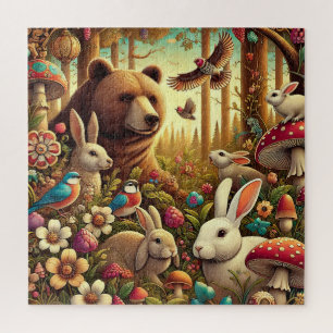 Whimsical Woodland Scene with Cute Animals Jigsaw Puzzle