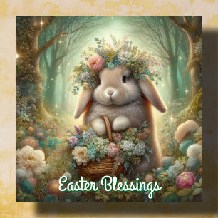 Whimsical Woodlands Bunny Flower Basket Easter Holiday Card
