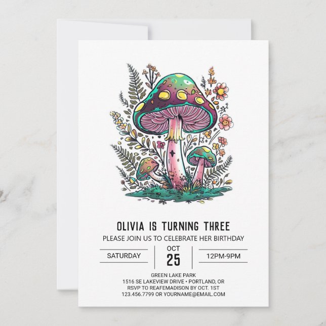 Whimsical Woods Digital Mushroom Birthday Invitation (Front)