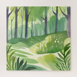 Whimsical Woods   Forest Watercolor Landscape Jigsaw Puzzle