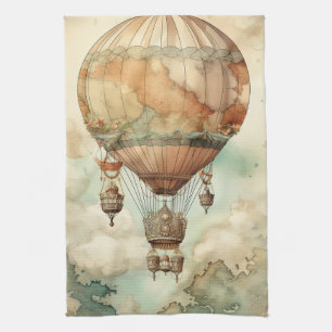 Whimsical World Globe Balloon Antique Teal Tea Towel