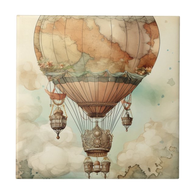 Whimsical World Globe Balloon Antique Teal Tile (Front)