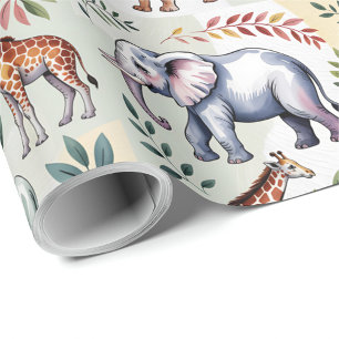 Whimsical wrapping paper featuring elephants, lion