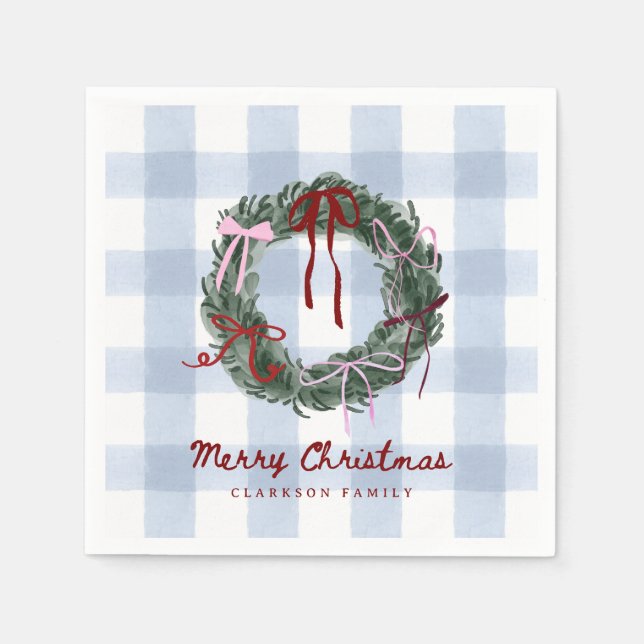 Whimsical Wreath Blue Gingham Christmas Napkins (Front)