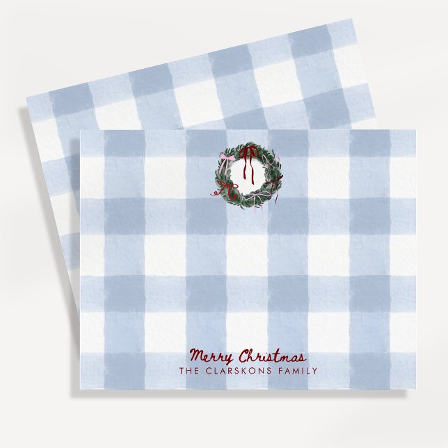 Whimsical Wreath Christmas Blue Gingham Note Card (Creator Uploaded)