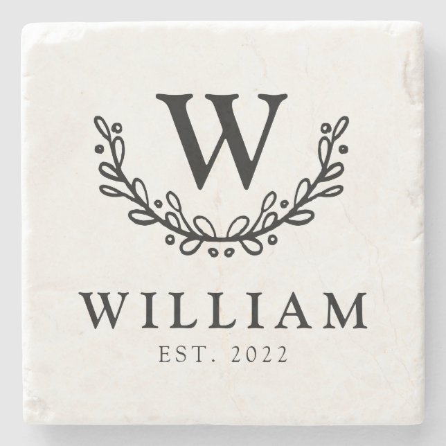 Whimsical Wreath Monogram Family Stone Coaster (Front)