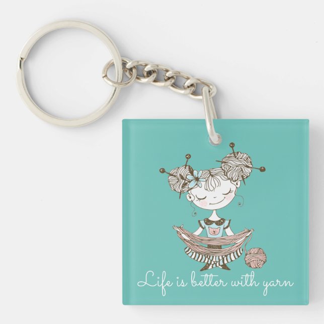 Whimsical Yarn Lover Girl   Key Ring (Front)