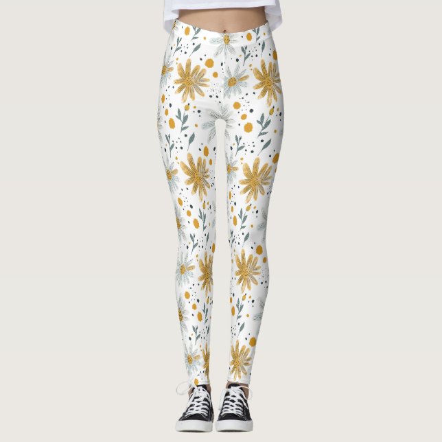 Whimsical Yellow and White Floral Pattern Leggings (Front)