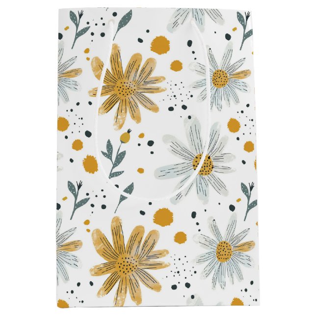 Whimsical Yellow and White Floral Pattern Medium Gift Bag (Front)