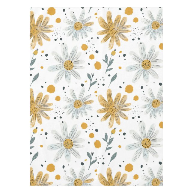 Whimsical Yellow and White Floral Pattern Tablecloth (Front)