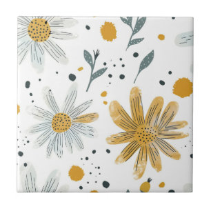 Whimsical Yellow and White Floral Pattern Tile