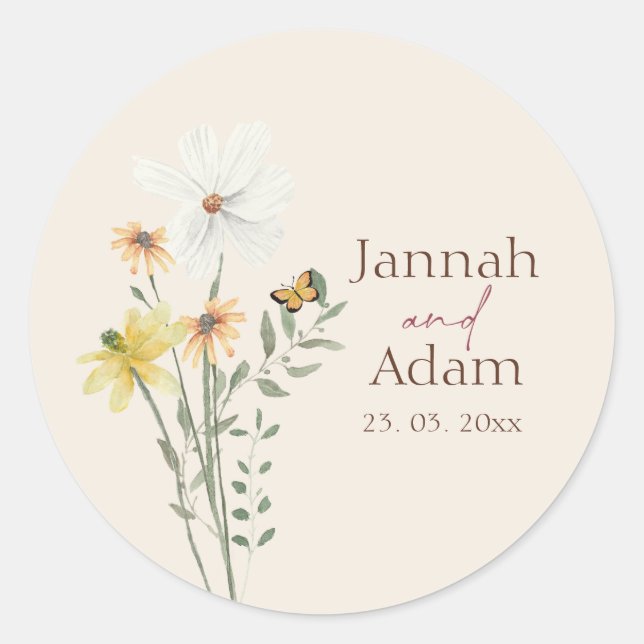 Whimsical Yellow Daisy Wildflower Wedding Classic Round Sticker (Front)
