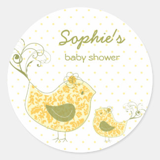 Whimsical Yellow Damask Mummy Bird & Baby Shower Classic Round Sticker