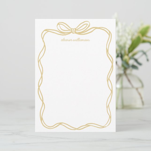 Whimsical Yellow Gold Bow Personalized Stationery Card (Standing Front)