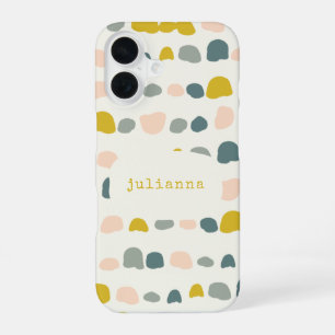 Whimsical Yellow Grey Abstract Shapes Custom Name iPhone 16 Case