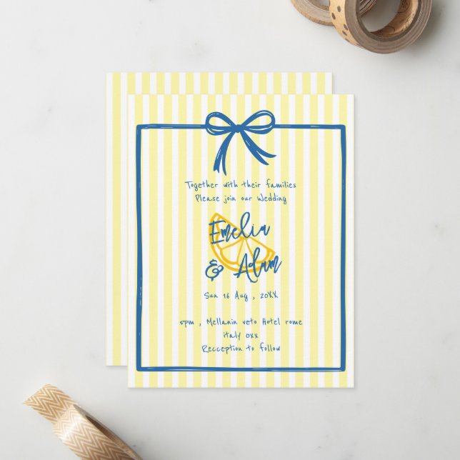 whimsical Yellow italian doodle Bow Wedding  Card (Front/Back In Situ)