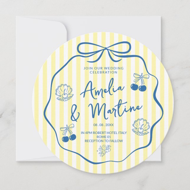 whimsical Yellow italian doodle Bow Wedding  Invitation (Front)