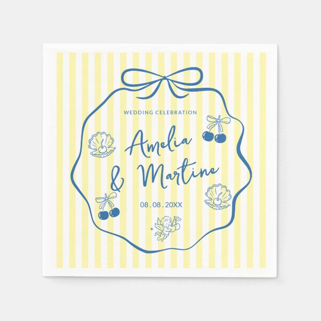 whimsical Yellow italian doodle Bow Wedding  Napkin (Front)