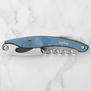 Whimsical Yellow Owl Blue Head Eyes Blue Circles Corkscrew