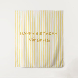 Whimsical Yellow Striped Happy Birthday Backdrop Tapestry