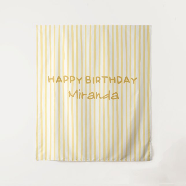 Whimsical Yellow Striped Happy Birthday Backdrop Tapestry (Front)