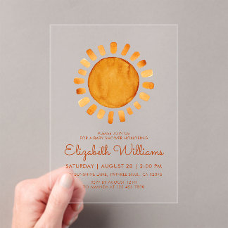 Whimsical Yellow Watercolor Sunshine Baby Shower Acrylic Invitations