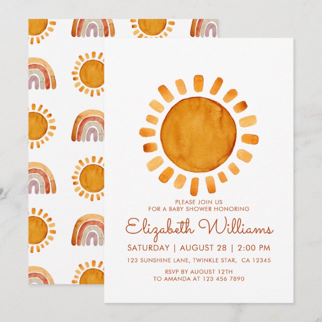Whimsical Yellow Watercolor Sunshine Baby Shower Invitation (Front/Back)
