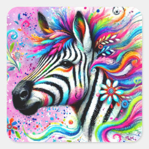 Whimsical Zebra Floral Pink Teal Green Daisy  Square Sticker