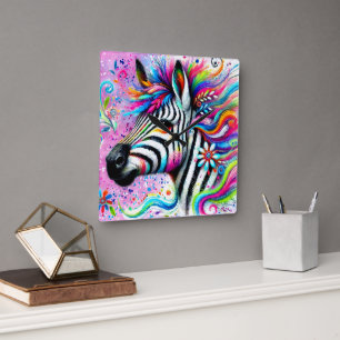 Whimsical Zebra Floral Pink Teal Green Daisy Square Wall Clock