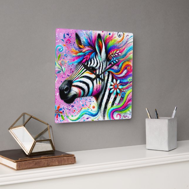 Whimsical Zebra Floral Pink Teal Green Daisy  Square Wall Clock (Office)